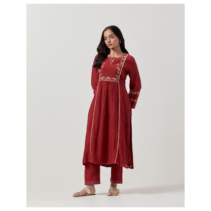 Priya Chaudhary Maroon Embroidered Kurta with Pant (Set of 2)
