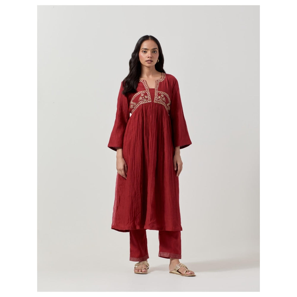 Priya Chaudhary Maroon Embroidered Anarkali Kurta with Pant (Set of 2)