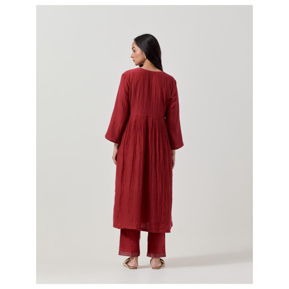 Priya Chaudhary Maroon Embroidered Anarkali Kurta with Pant (Set of 2)