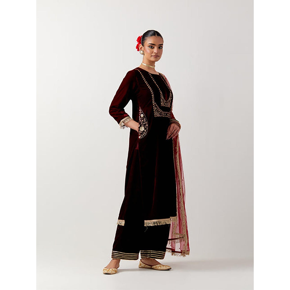 Priya Chaudhary Red Silk Velvet Kurta With Pant And Net Dupatta