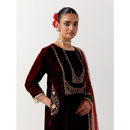 Priya Chaudhary Red Silk Velvet Kurta With Pant And Net Dupatta