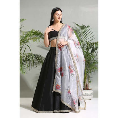 PRITI SAHNI DESIGNS Black Raw Silk Lehenga with Blouse and Dupatta (Set of 3)