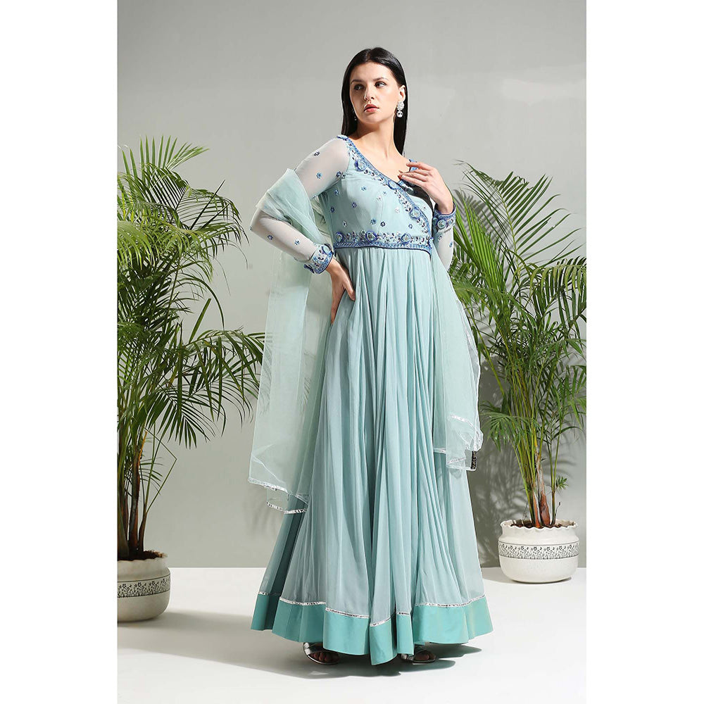PRITI SAHNI DESIGNS Dusty Blue Anarkali with Churidar and Dupatta (Set of 3)