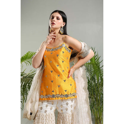 PRITI SAHNI DESIGNS Yellow Sharara with Kurti and Dupatta (Set of 3)