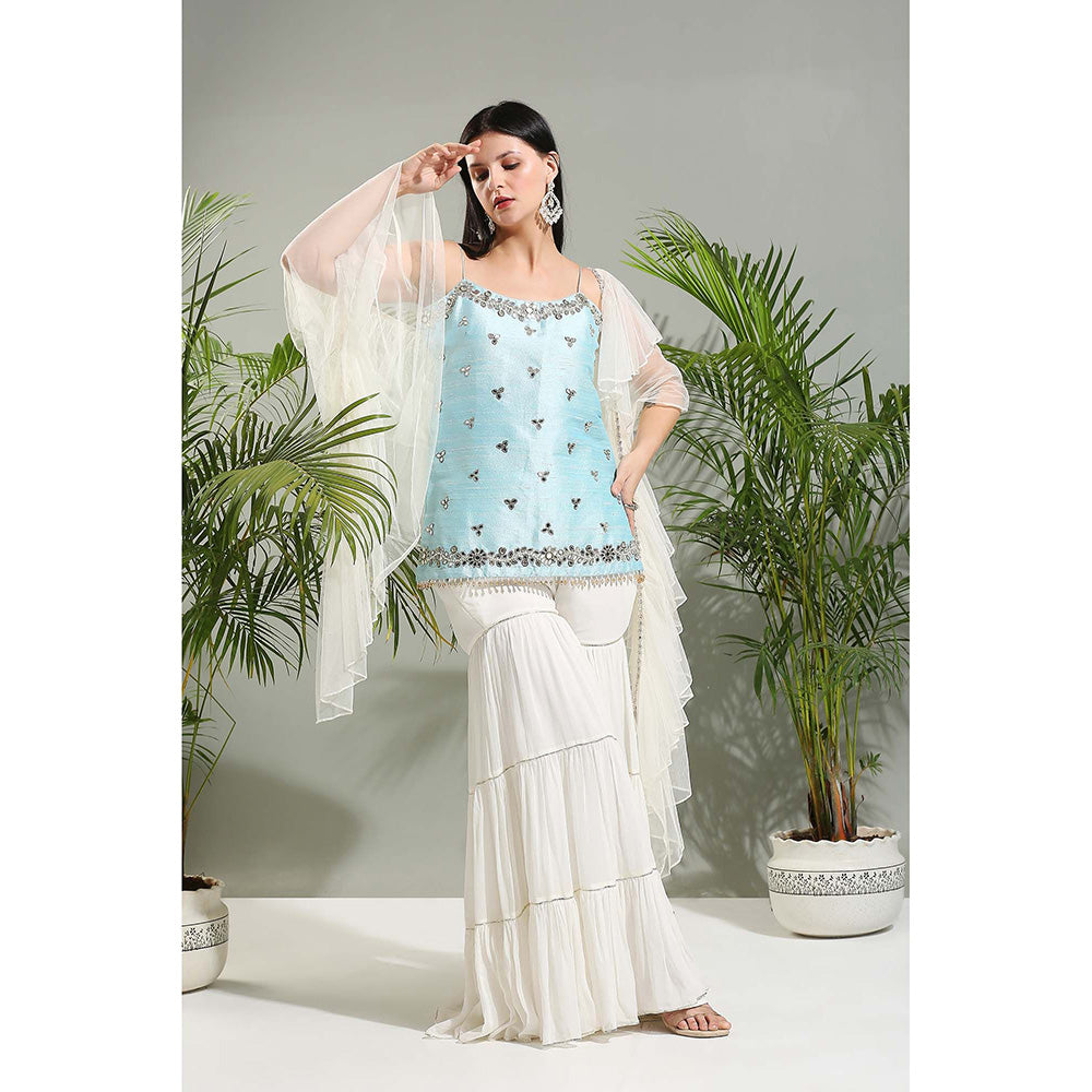 PRITI SAHNI DESIGNS Powder Blue Sharara with Kurti and Dupatta (Set of 3)