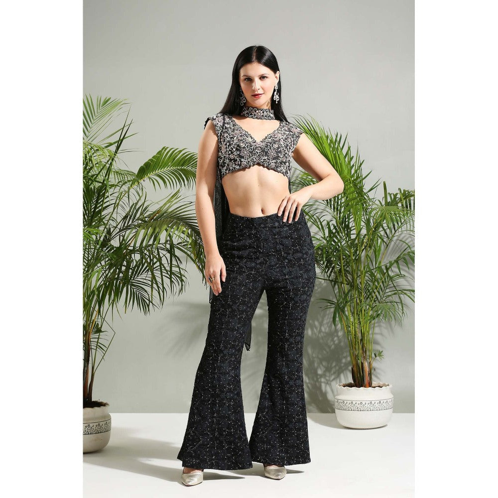 PRITI SAHNI DESIGNS Black Hand Embroidered Bustier with Pant and Stole (Set of 3)
