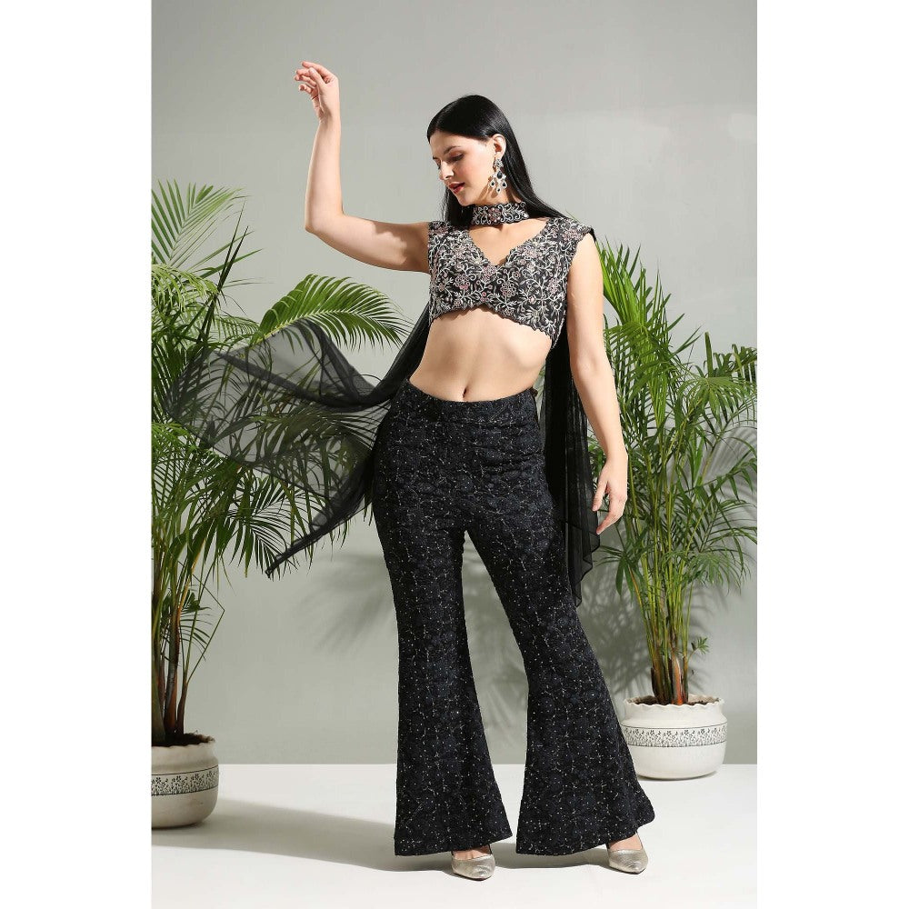 PRITI SAHNI DESIGNS Black Hand Embroidered Bustier with Pant and Stole (Set of 3)