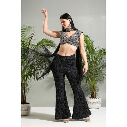 PRITI SAHNI DESIGNS Black Hand Embroidered Bustier with Pant and Stole (Set of 3)