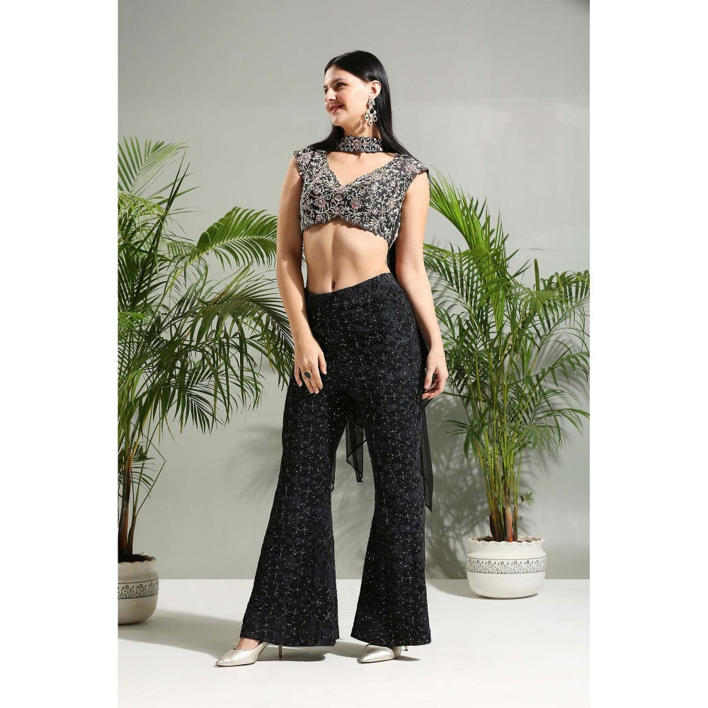 PRITI SAHNI DESIGNS Black Hand Embroidered Bustier with Pant and Stole (Set of 3)