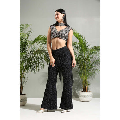 PRITI SAHNI DESIGNS Black Hand Embroidered Bustier with Pant and Stole (Set of 3)