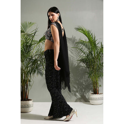 PRITI SAHNI DESIGNS Black Hand Embroidered Bustier with Pant and Stole (Set of 3)