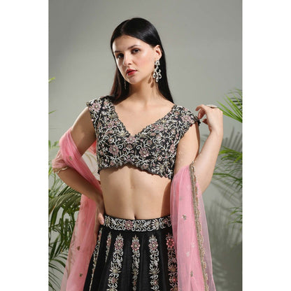PRITI SAHNI DESIGNS Black Hand Embroidered Lehenga with Blouse and Dupatta (Set of 3)