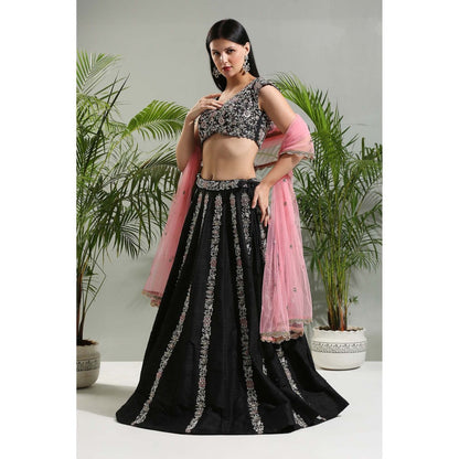 PRITI SAHNI DESIGNS Black Hand Embroidered Lehenga with Blouse and Dupatta (Set of 3)