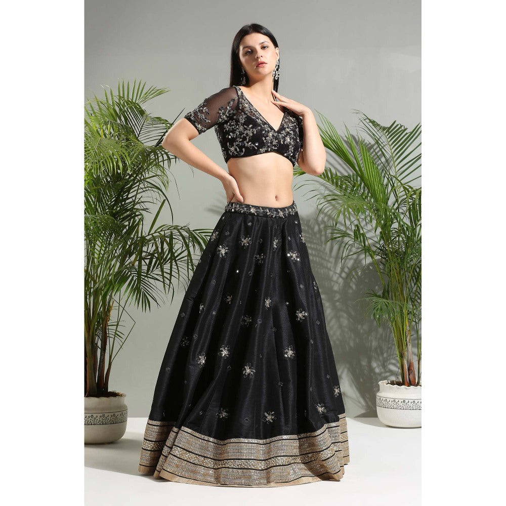PRITI SAHNI DESIGNS Black Embroidered Lehenga with Blouse and Dupatta (Set of 3)