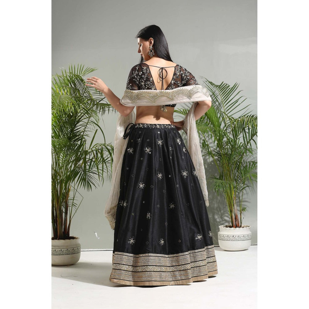 PRITI SAHNI DESIGNS Black Embroidered Lehenga with Blouse and Dupatta (Set of 3)