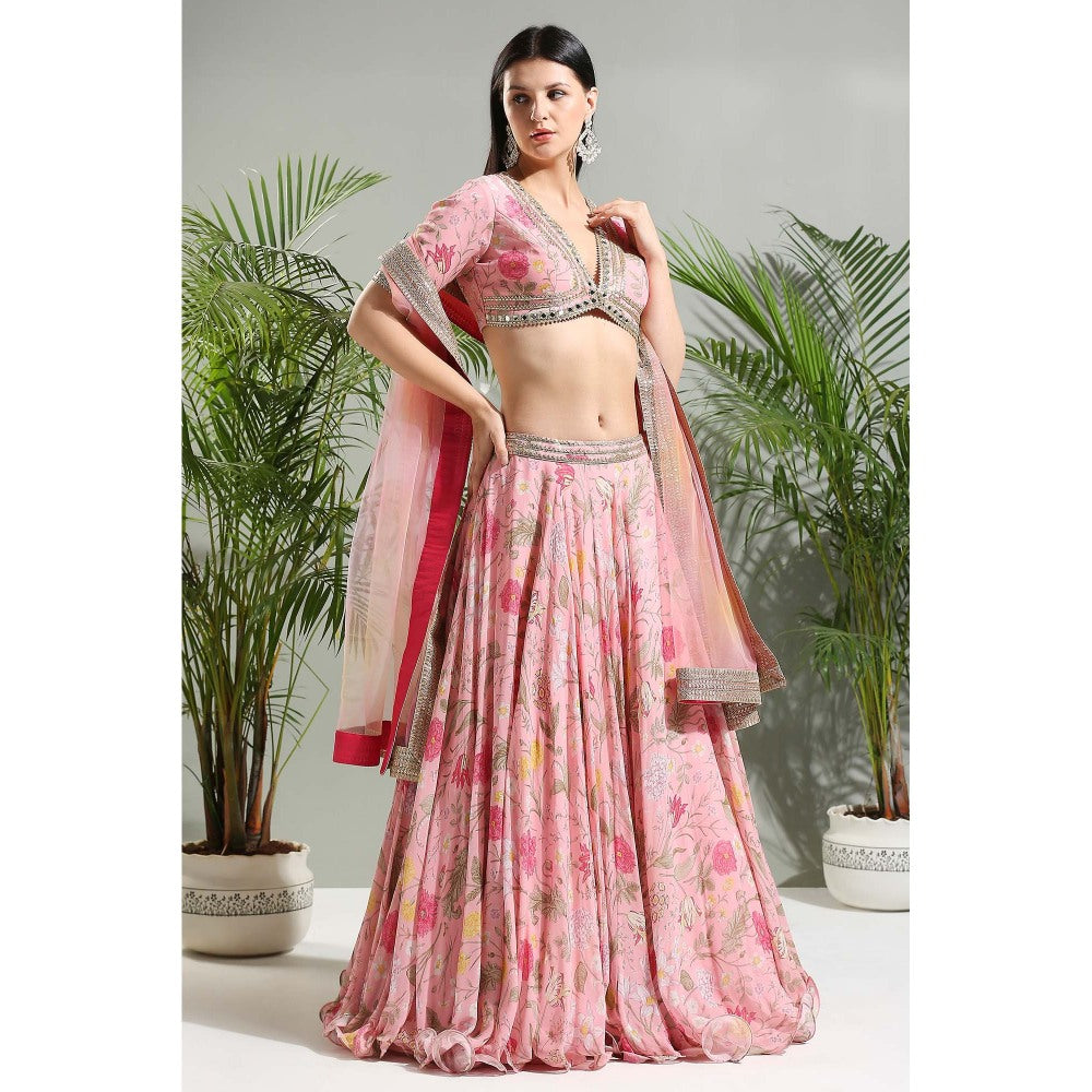 PRITI SAHNI DESIGNS Blush Pink Floral Lehenga with Blouse and Dupatta (Set of 3)