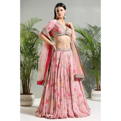 PRITI SAHNI DESIGNS Blush Pink Floral Lehenga with Blouse and Dupatta (Set of 3)