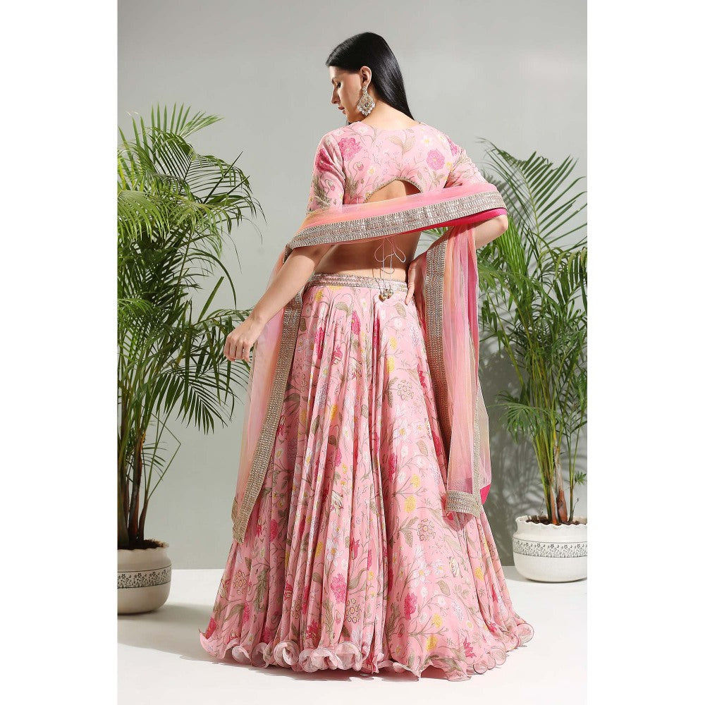 PRITI SAHNI DESIGNS Blush Pink Floral Lehenga with Blouse and Dupatta (Set of 3)