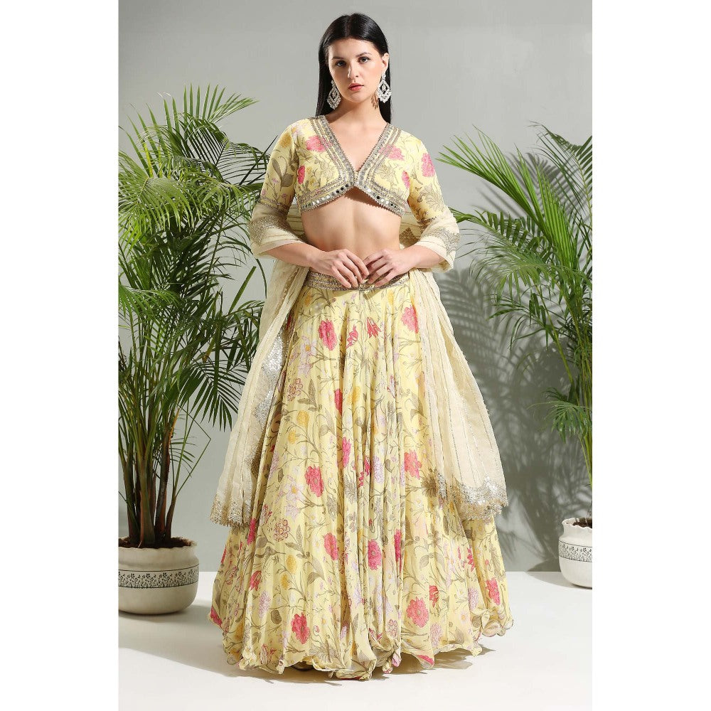 PRITI SAHNI DESIGNS Yellow Floral Lehenga with Blouse and Dupatta (Set of 3)