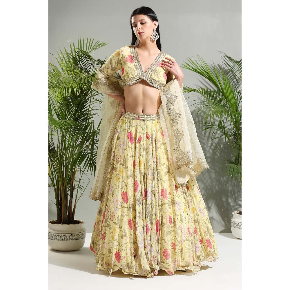 PRITI SAHNI DESIGNS Yellow Floral Lehenga with Blouse and Dupatta (Set of 3)