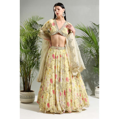 PRITI SAHNI DESIGNS Yellow Floral Lehenga with Blouse and Dupatta (Set of 3)