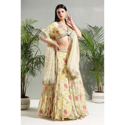 PRITI SAHNI DESIGNS Yellow Floral Lehenga with Blouse and Dupatta (Set of 3)