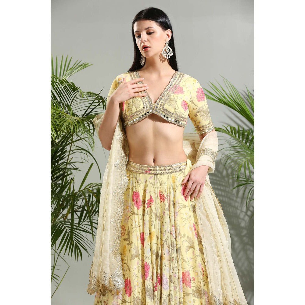 PRITI SAHNI DESIGNS Yellow Floral Lehenga with Blouse and Dupatta (Set of 3)