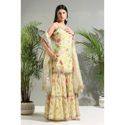 PRITI SAHNI DESIGNS Yellow Floral Sharara with Kurti and Dupatta (Set of 3)