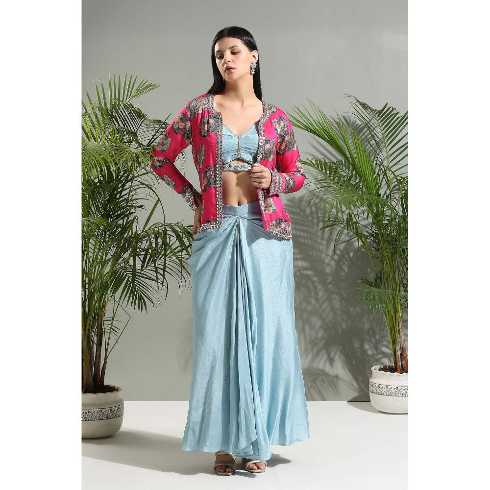 PRITI SAHNI DESIGNS Grey Blouse with Skirt and Cropped Jacket (Set of 3)
