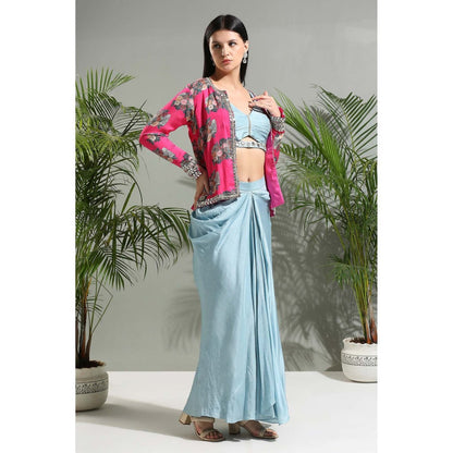 PRITI SAHNI DESIGNS Grey Blouse with Skirt and Cropped Jacket (Set of 3)