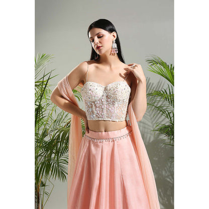 PRITI SAHNI DESIGNS Peach Corset Blouse with Lehenga and Dupatta (Set of 3)