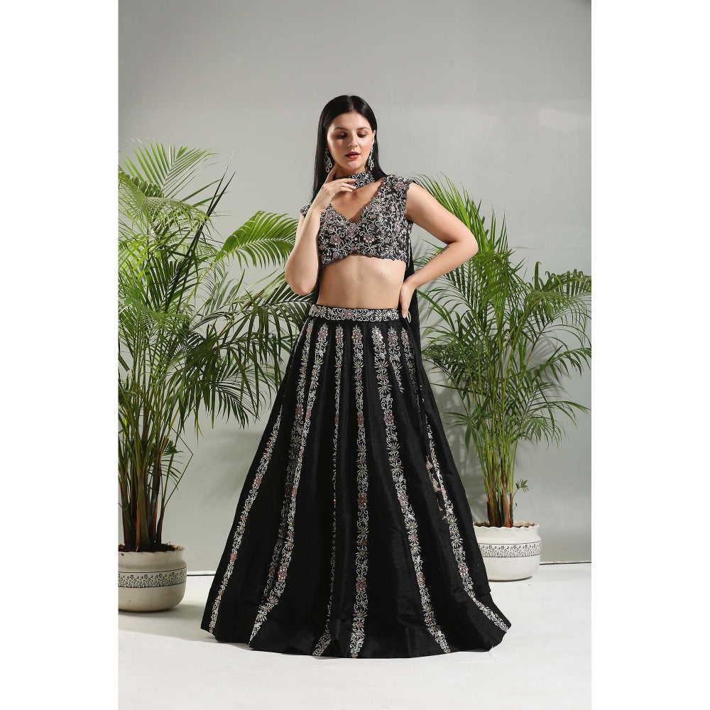 PRITI SAHNI DESIGNS Black Hand Embroidered Lehenga with Blouse and Dupatta (Set of 3)