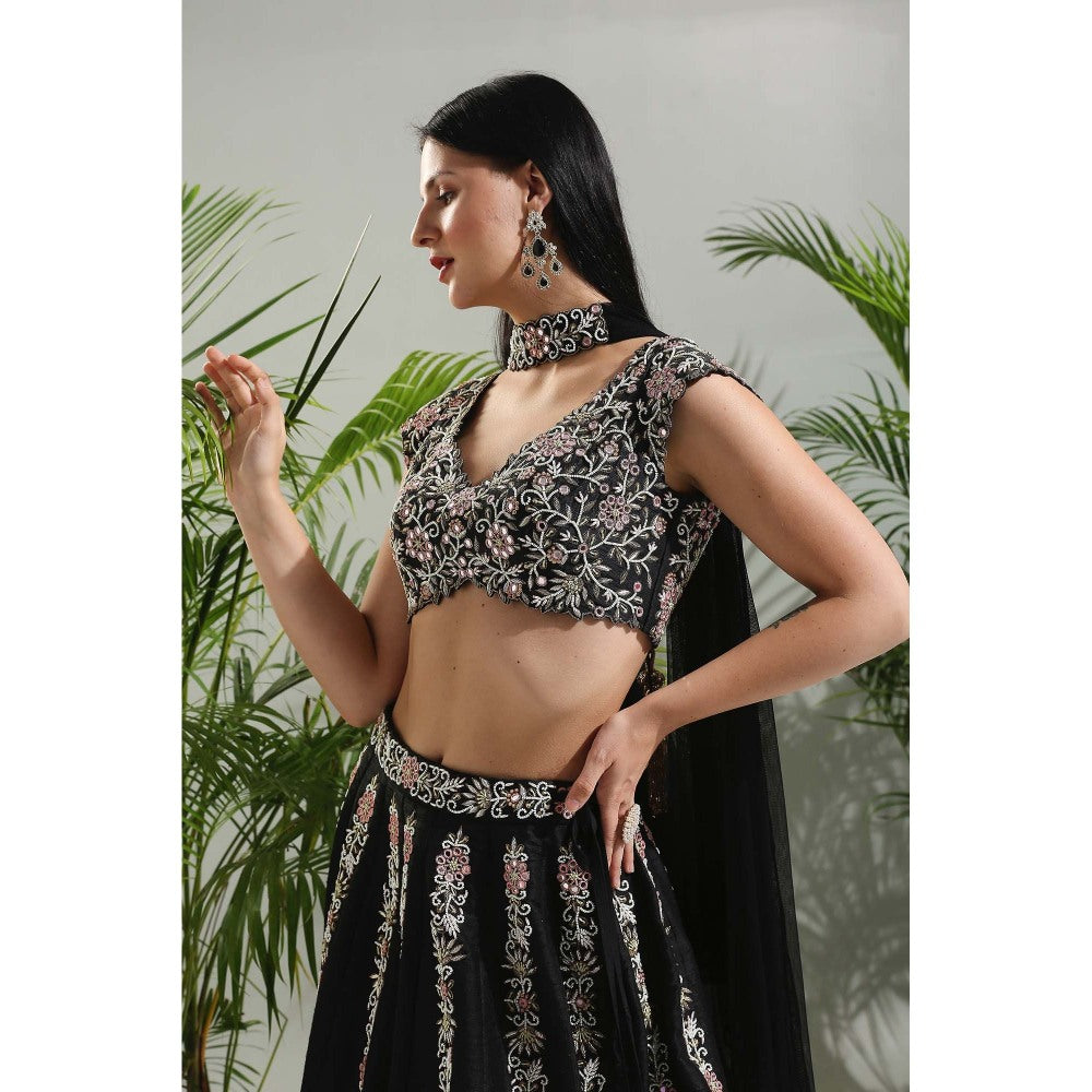 PRITI SAHNI DESIGNS Black Hand Embroidered Lehenga with Blouse and Dupatta (Set of 3)