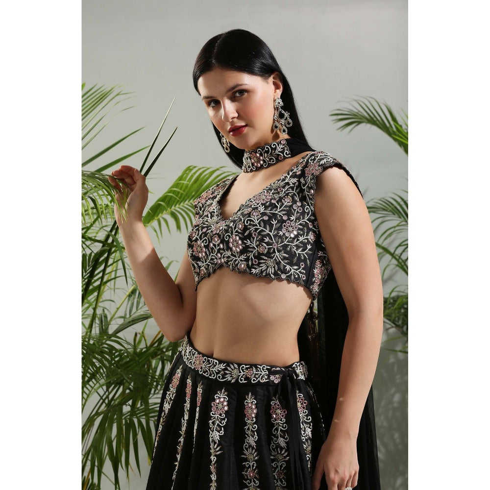 PRITI SAHNI DESIGNS Black Hand Embroidered Lehenga with Blouse and Dupatta (Set of 3)