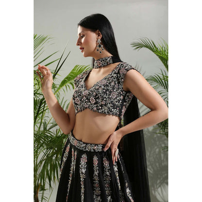 PRITI SAHNI DESIGNS Black Hand Embroidered Lehenga with Blouse and Dupatta (Set of 3)