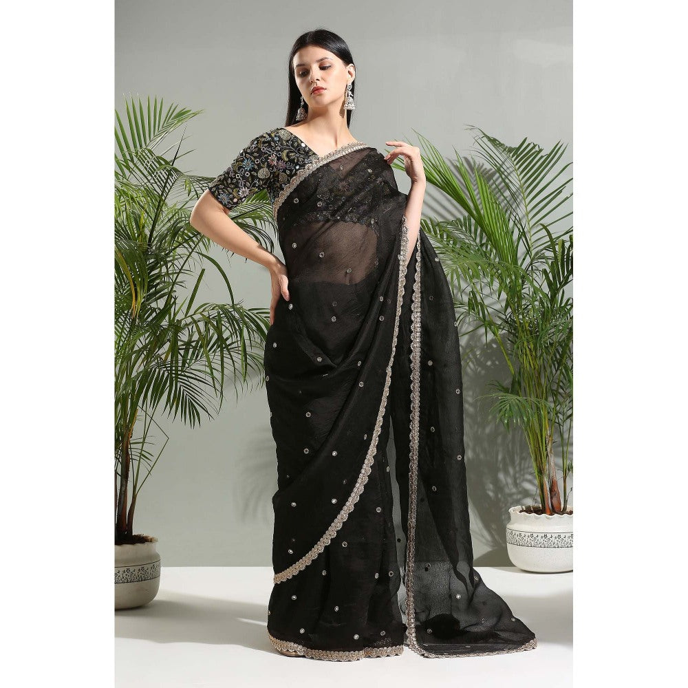 PRITI SAHNI DESIGNS Black Organza Embroidered Saree with Stitched Blouse