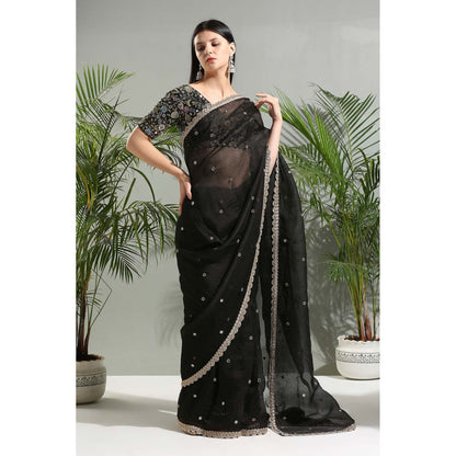 PRITI SAHNI DESIGNS Black Organza Embroidered Saree with Stitched Blouse