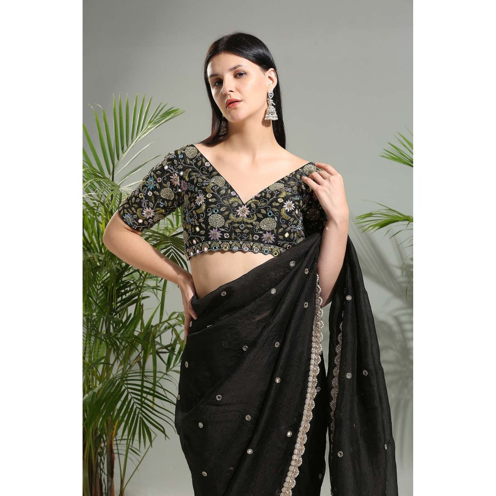 PRITI SAHNI DESIGNS Black Organza Embroidered Saree with Stitched Blouse