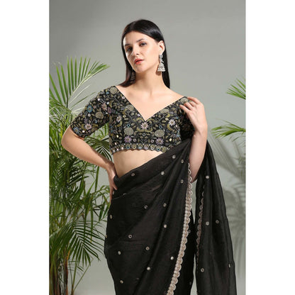 PRITI SAHNI DESIGNS Black Organza Embroidered Saree with Stitched Blouse