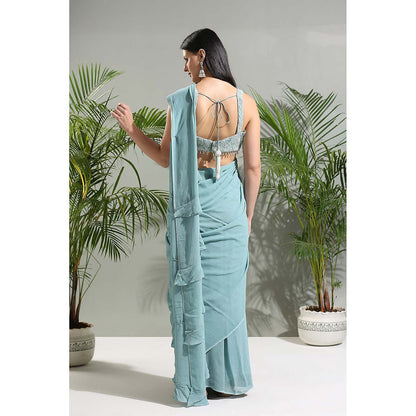 PRITI SAHNI DESIGNS Dusty Blue Saree with Stitched Blouse and Jacket