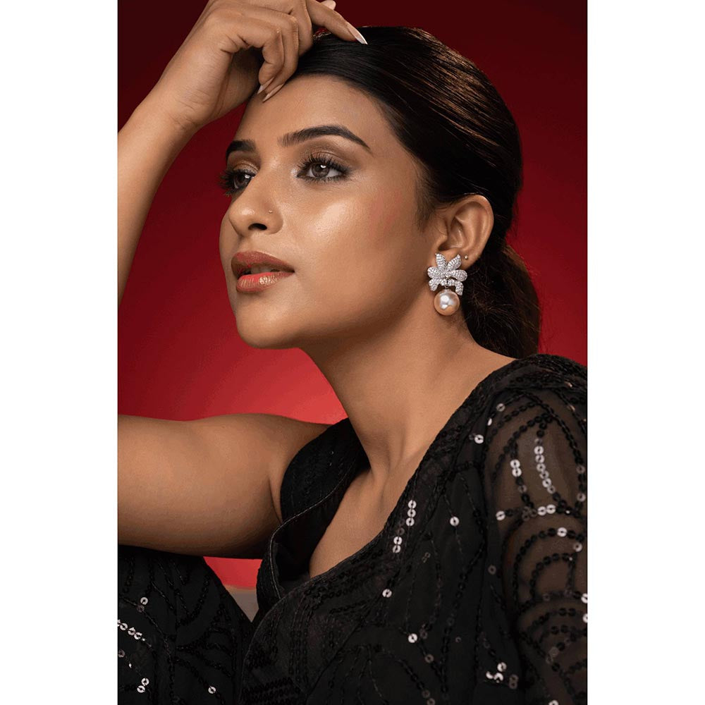 PRIHAN LUXURY Ribbon Shaped Diamond Danglers Earrings with Pearl Drop