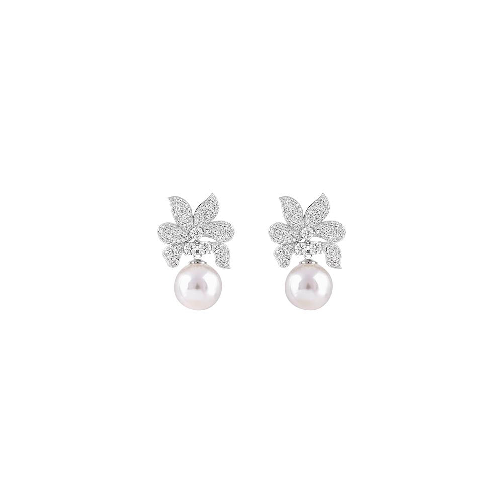 PRIHAN LUXURY Ribbon Shaped Diamond Danglers Earrings with Pearl Drop