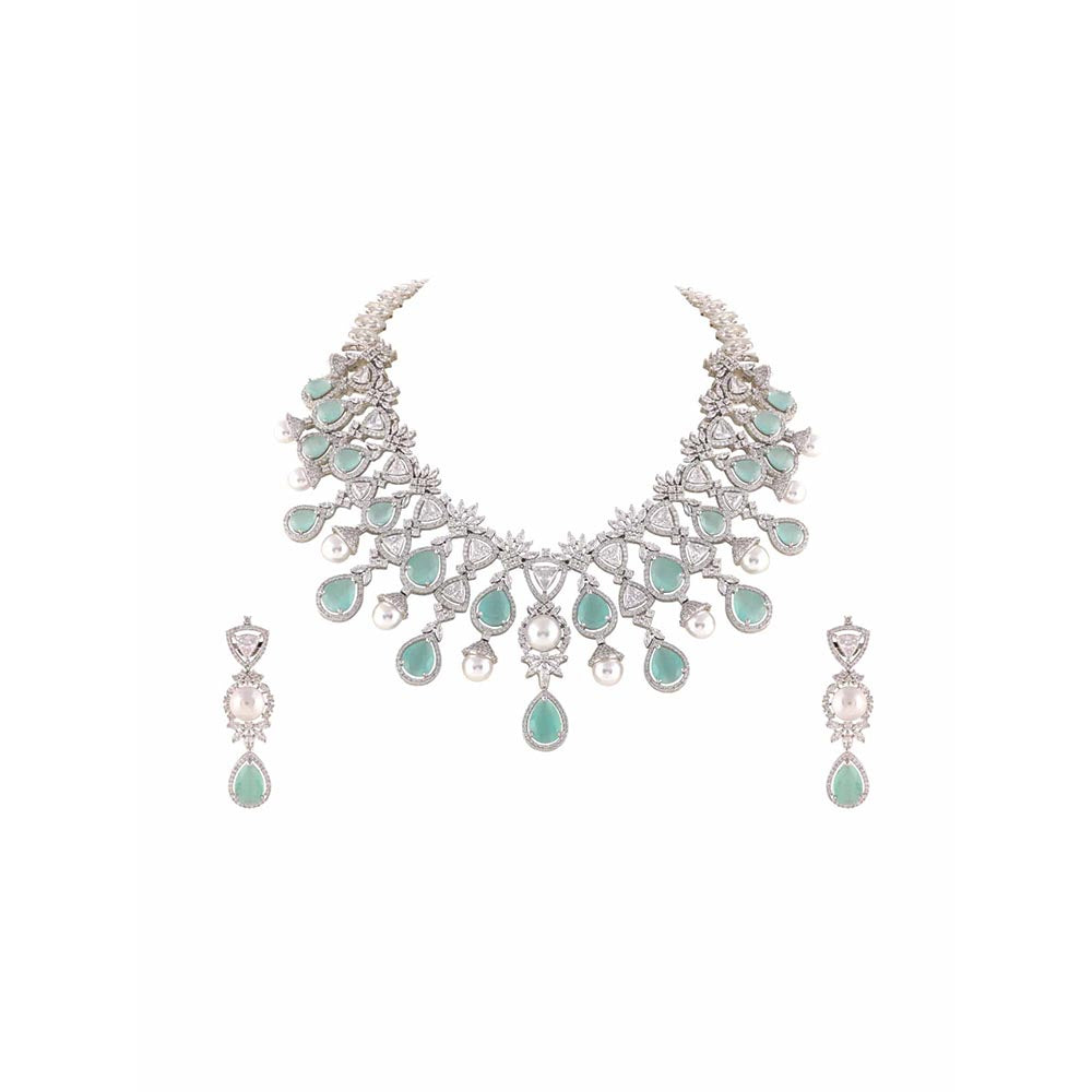 PRIHAN LUXURY White & Green Pearls Jewellery Set