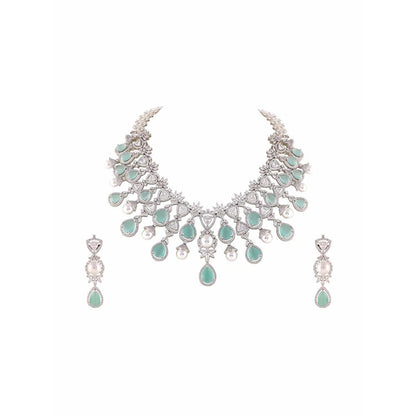 PRIHAN LUXURY White & Green Pearls Jewellery Set