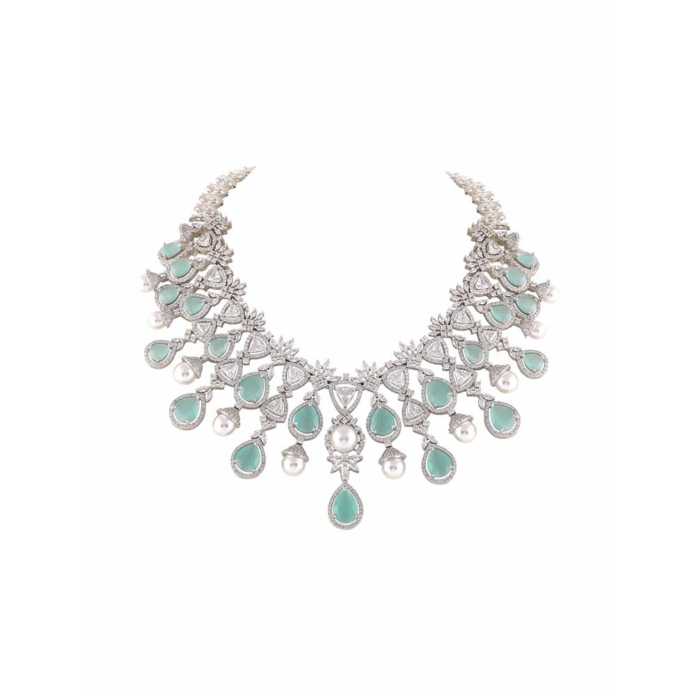 PRIHAN LUXURY White & Green Pearls Jewellery Set