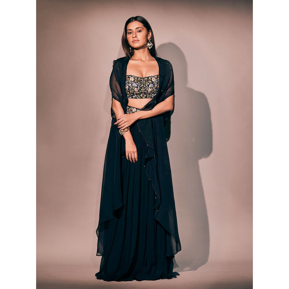 Pritika Vora Mid Night Blue Coat with Embroidered Blouse & Lehenga (Set of 3)