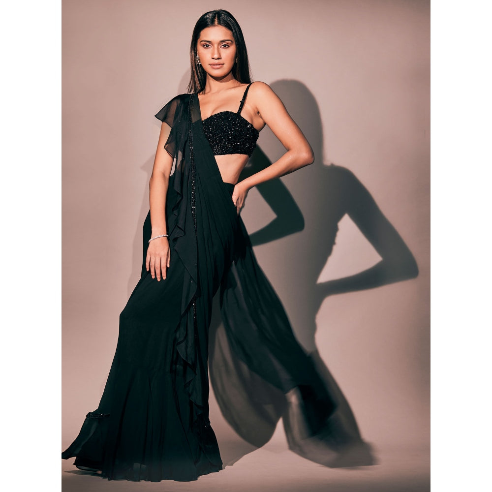 Pritika Vora Black Ruffle Edged Saree with Stone Encrusted Stitched Blouse