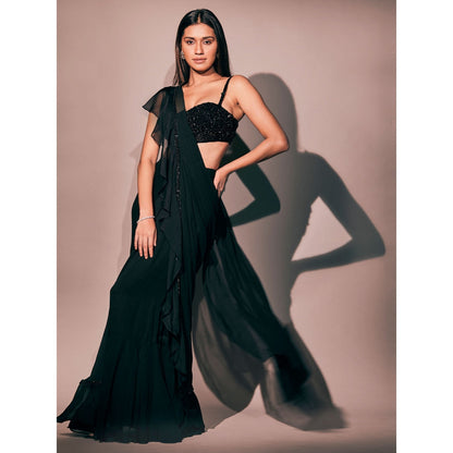 Pritika Vora Black Ruffle Edged Saree with Stone Encrusted Stitched Blouse