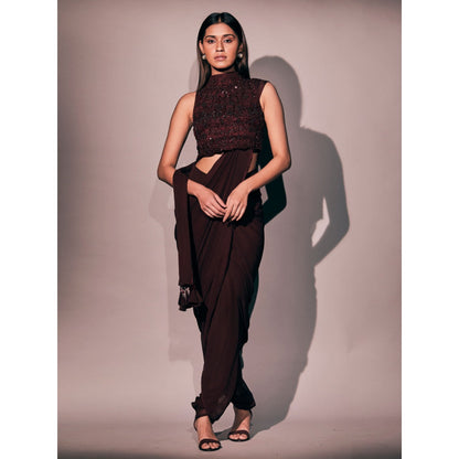 Pritika Vora Burgundy Blouse Paired with Saree with Stitched Blouse
