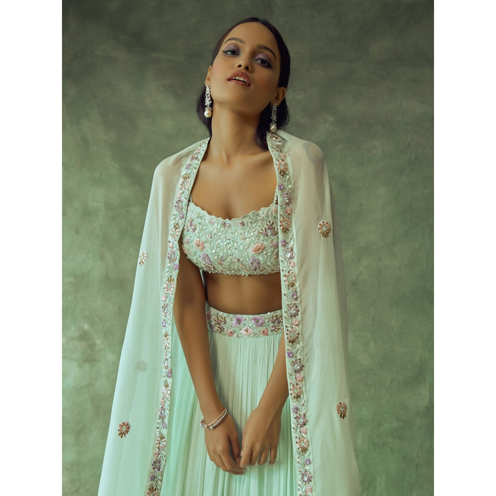 Pritika Vora Mint Green Hand Embroidered Lehenga with Blouse & Dupatta (Set of 3)